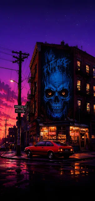 An anime-style illustration of a weathered urban brick building with a large blue skull mural, with a red retro car parked below at twilight.