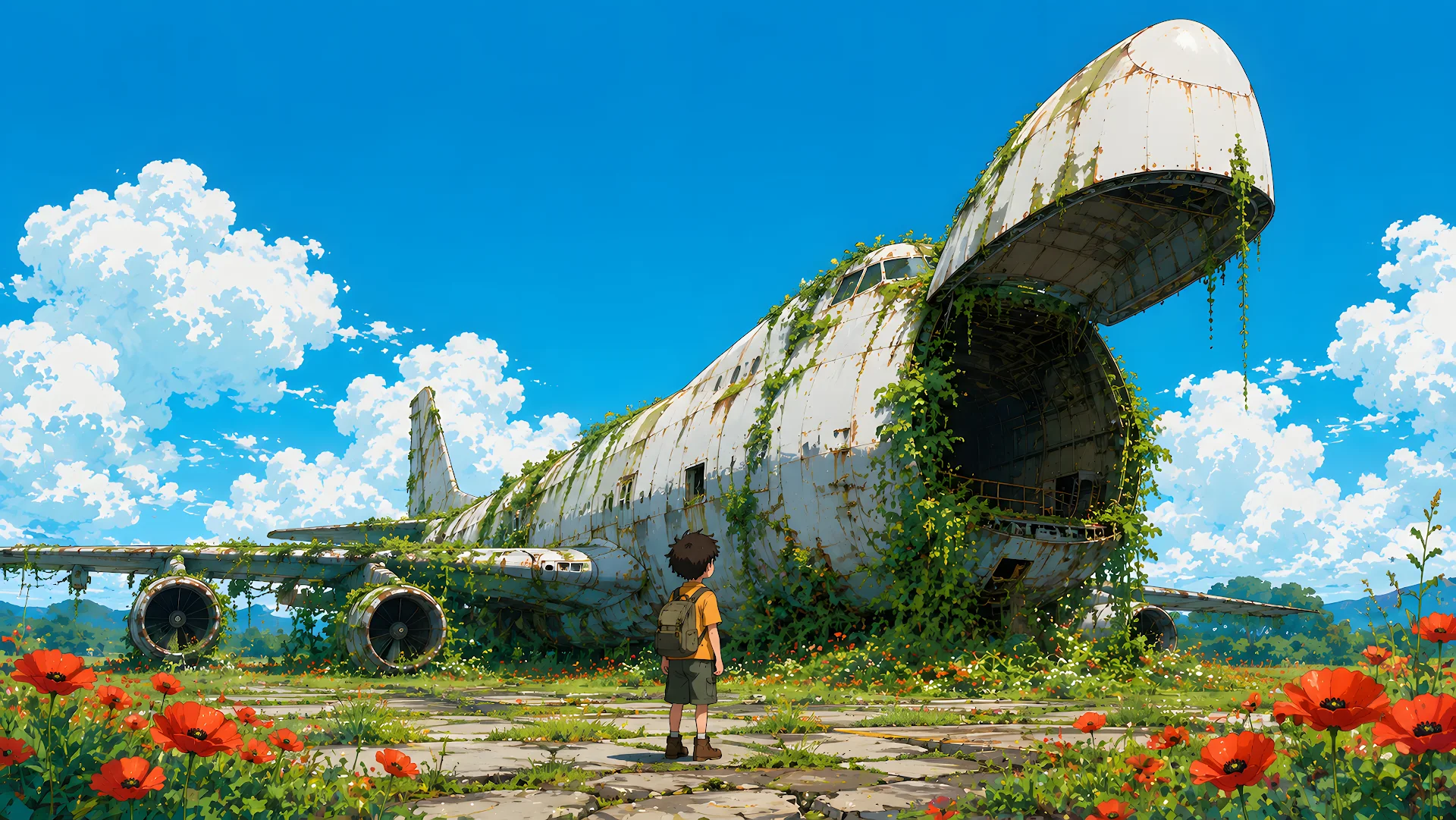 Anime style abandoned overgrown cargo airplane with child standing in field - Free 4K desktop Wallpaper