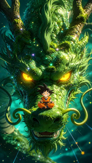 Small anime-style boy in orange clothes meditating on the snout of a massive mossy green dragon.