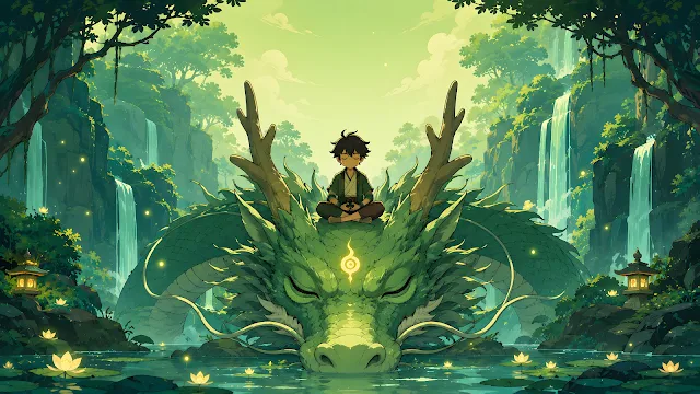 Small anime-style boy in orange clothes meditating on the snout of a massive mossy green dragon.