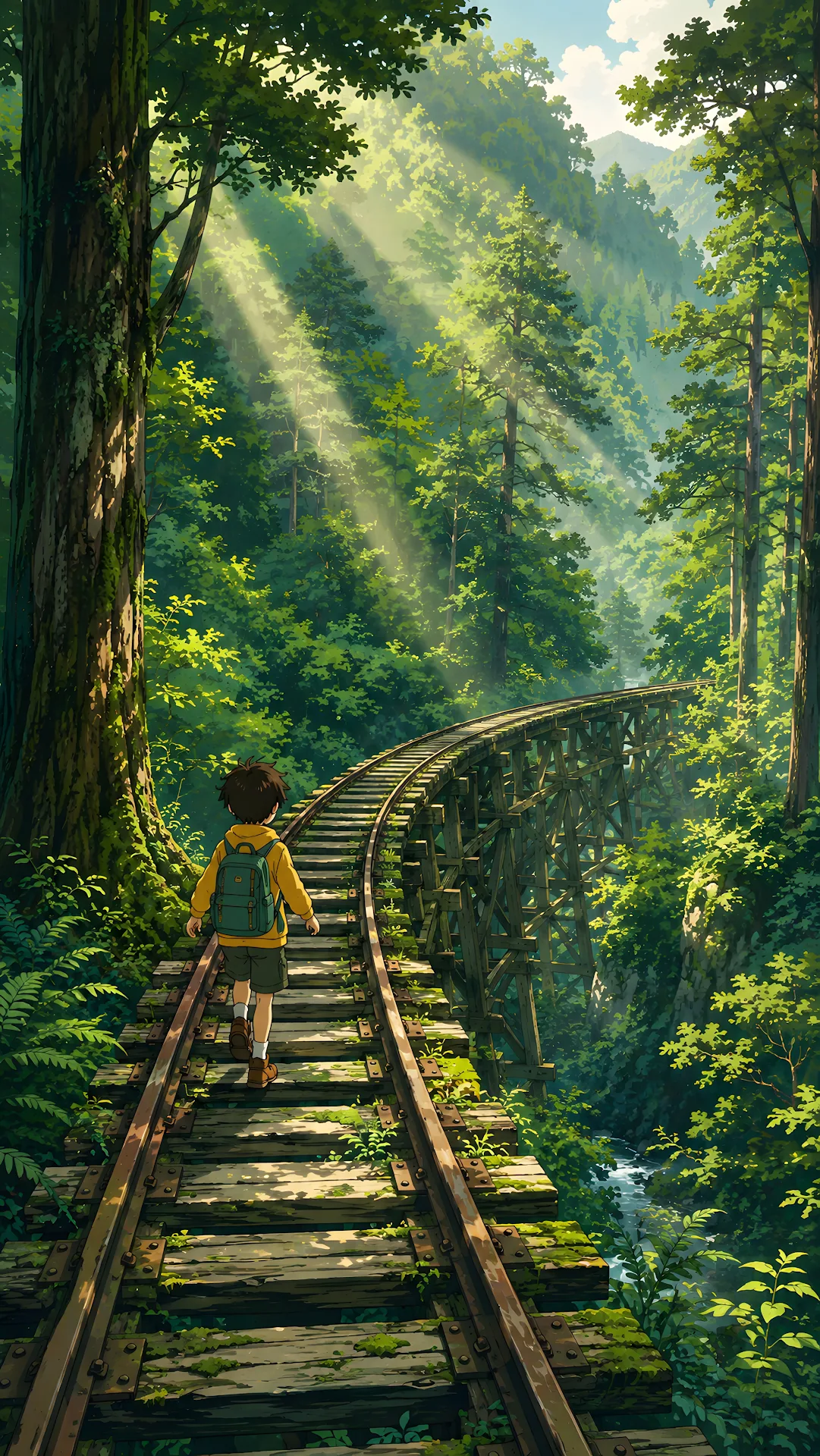 Anime style child walking along overgrown wooden railway bridge in forest - Free 4K mobile Wallpaper