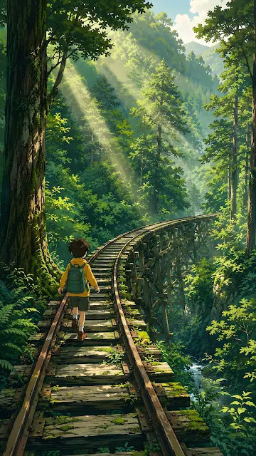Anime digital illustration of a child walking along an overgrown wooden railway trestle bridge through a sunlit misty forest canyon.