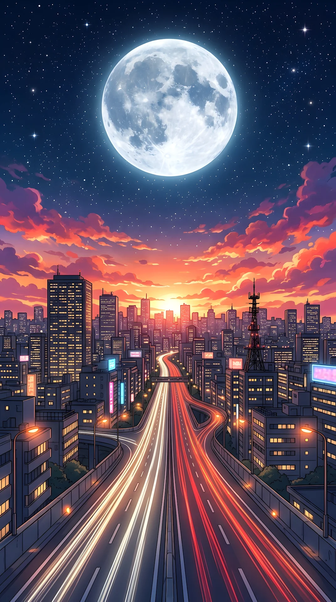 Anime Style Cityscape at Sunset with Full Moon and Skyscrapers - Free 4K mobile Wallpaper
