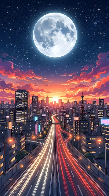 Anime Style Cityscape at Sunset with Full Moon and Skyscrapers - Free mobile Wallpaper