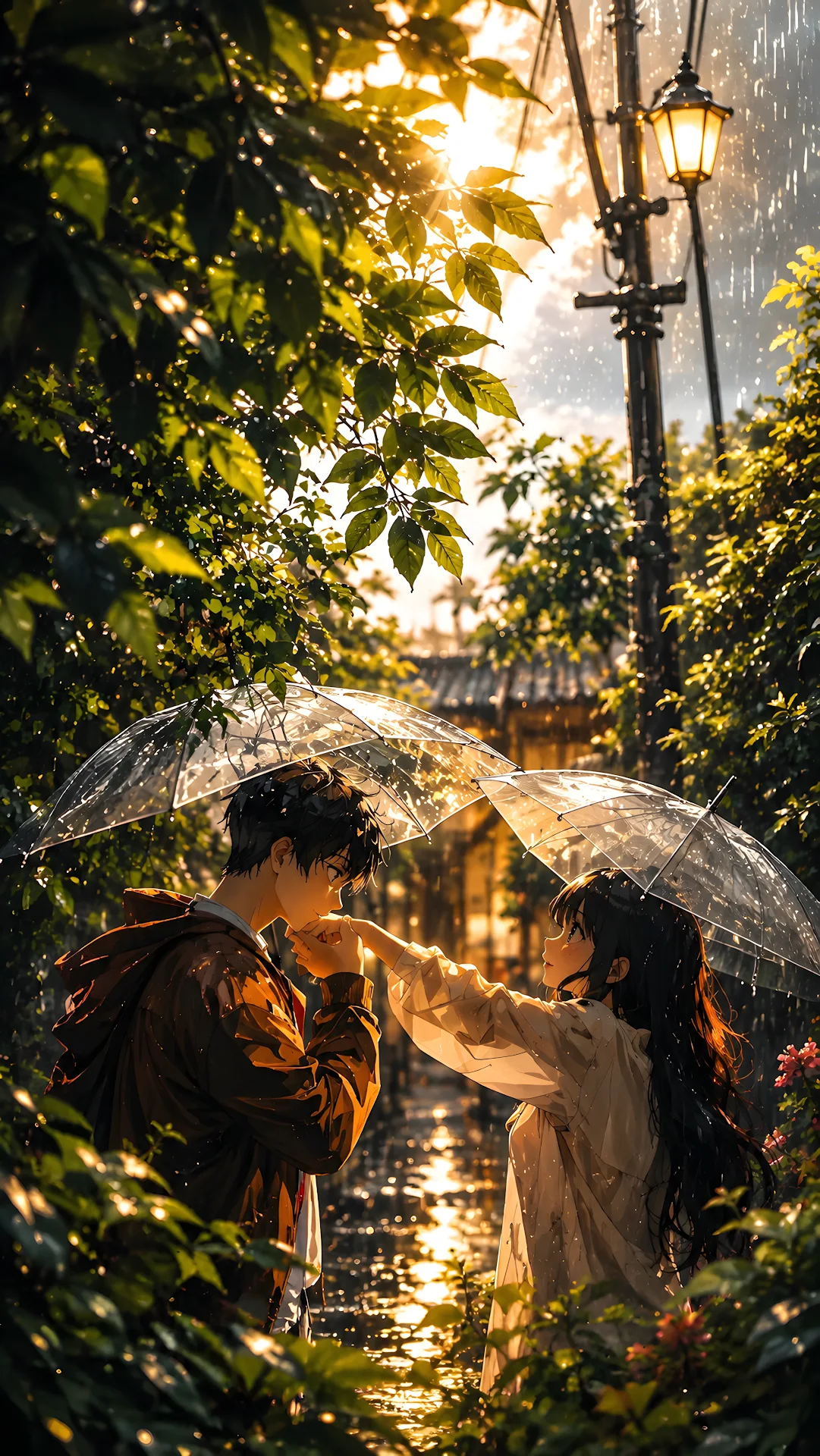 Anime style couple sharing a tender moment under clear umbrellas in rain - Free 4K mobile Wallpaper
