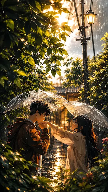 An anime style young man kissing the hand of a young woman under clear umbrellas during a rainy sunlit day.