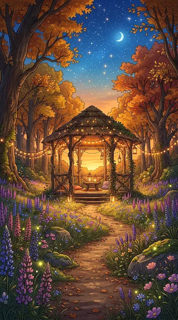 Anime Style Forest Clearing with Glowing Gazebo at Dusk - Free 4K & 8K mobile Wallpaper