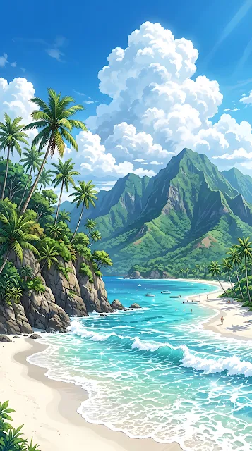 Anime Style Illustration of a Tropical Beach with Palm Trees and Lush Mountains - Free mobile Wallpaper