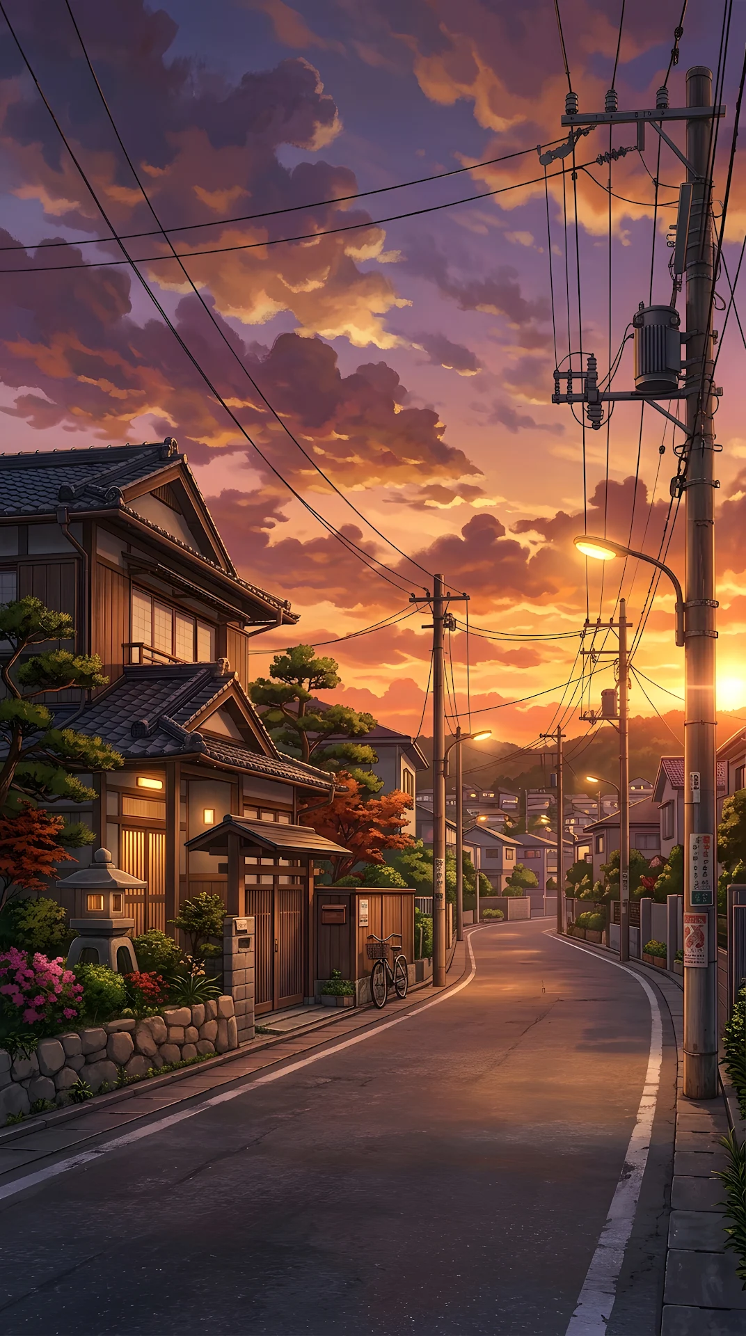 Anime-Style Illustration of a Japanese Street During a Vibrant Sunset - Free 4K mobile Wallpaper