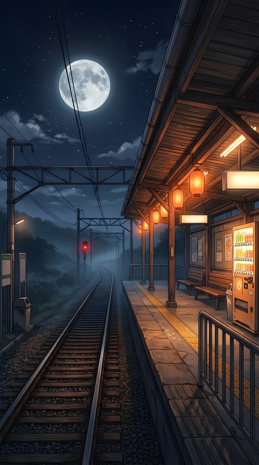 Anime Style Illustration of an Empty Train Station Platform Under a Full Moon - Free 4K mobile Wallpaper