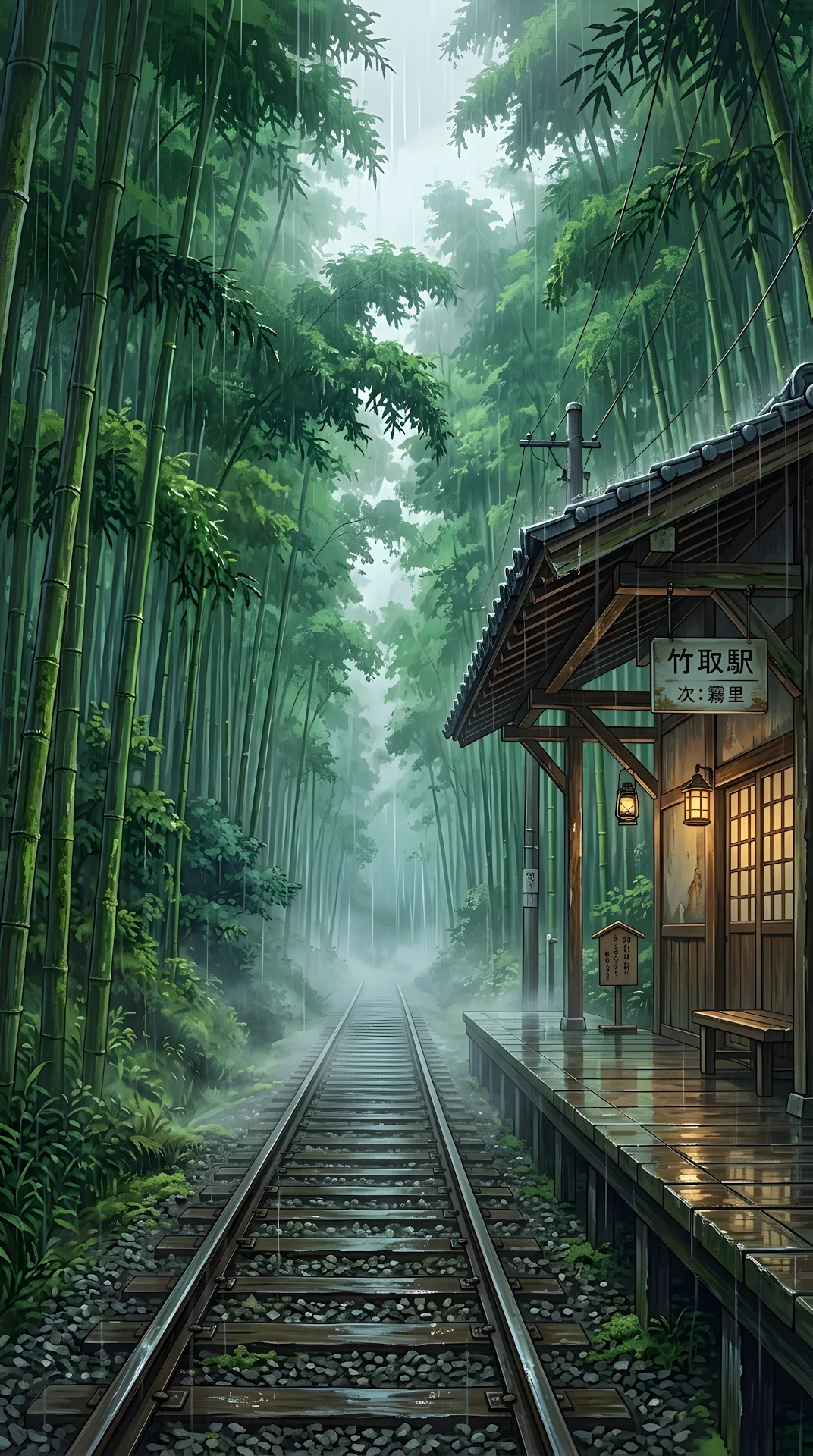 Anime Style Illustration of a Rainy Train Station in a Bamboo Forest - Free 4K mobile Wallpaper