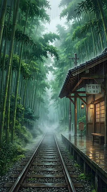 Anime Style Illustration of a Rainy Train Station in a Bamboo Forest - Free mobile Wallpaper