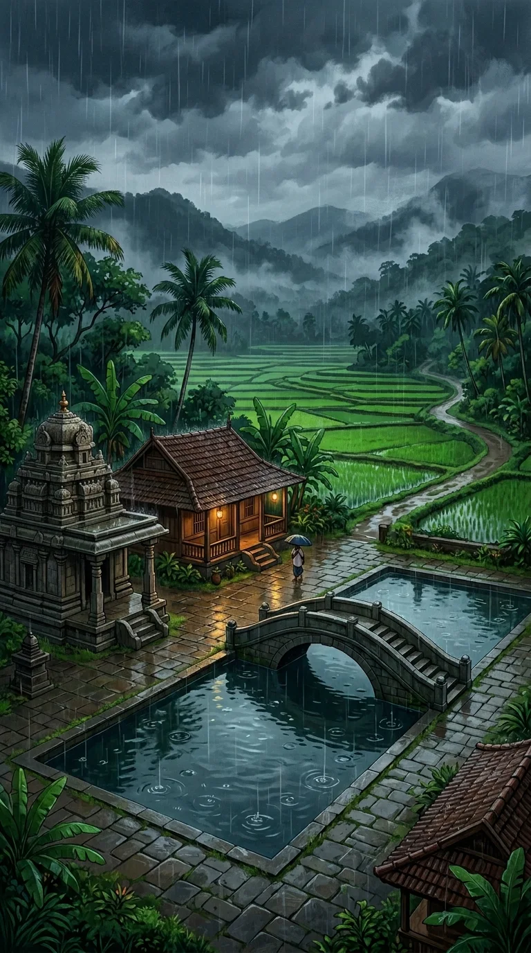 Anime-Style Illustration of a South Indian Temple in Monsoon Rain - Free 8K and 4K mobile Wallpaper Background