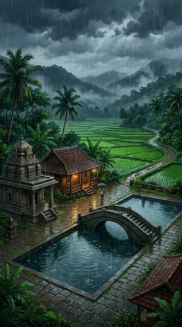 Anime-Style Illustration of a South Indian Temple in Monsoon Rain - Free 4K & 8K mobile Wallpaper