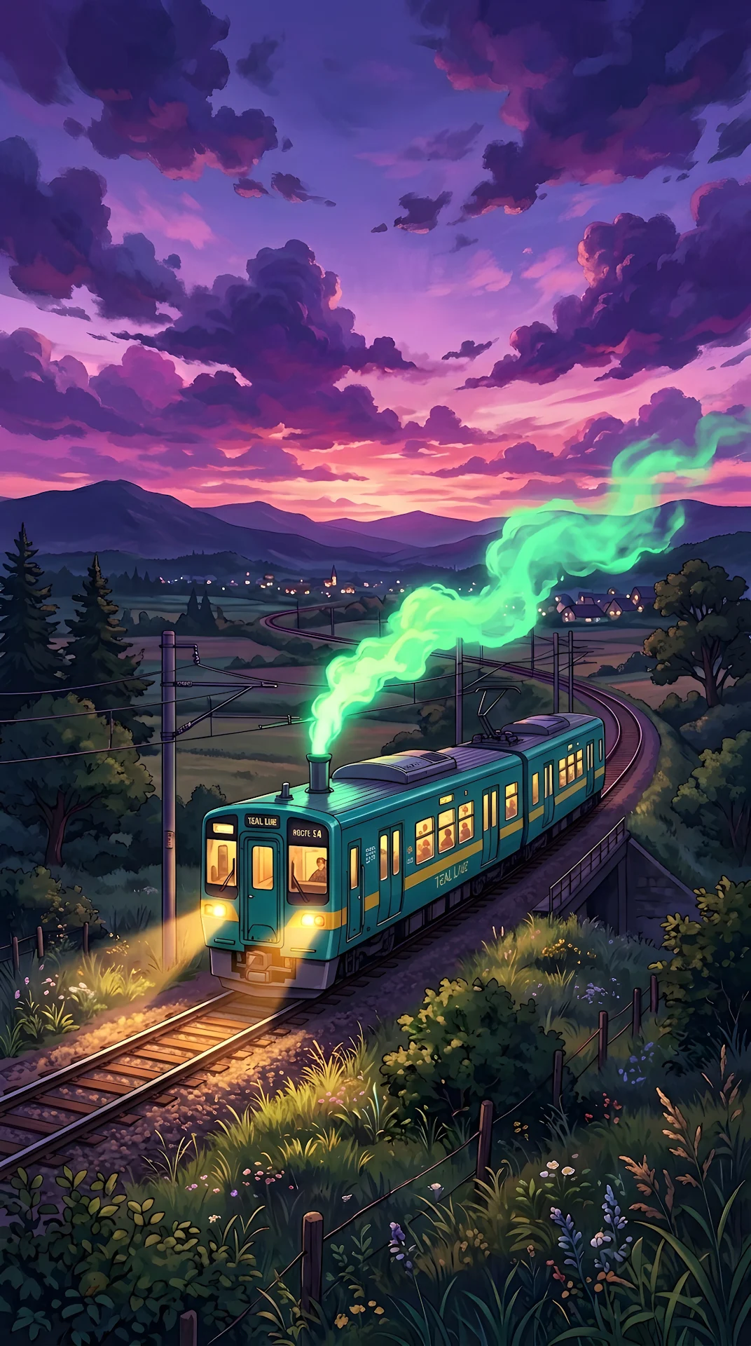 Anime Style Illustration of a Train on Tracks at Dusk with Vibrant Purple Clouds - Free 4K mobile Wallpaper