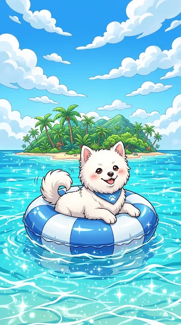Anime Style Illustration of a White Dog Floating on a Tube in the Ocean - Free 4K & 8K mobile Wallpaper