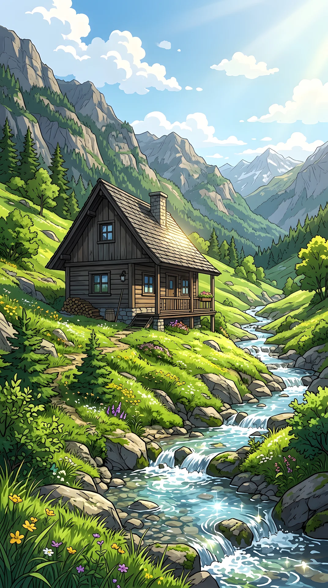 Anime Style Mountain Cabin Landscape - Free 4K mobile Wallpaper