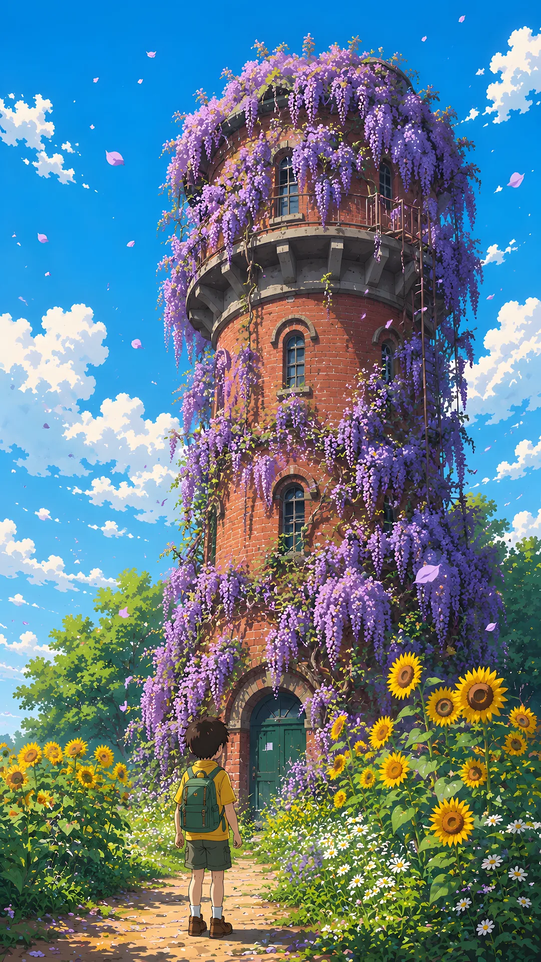 Anime style overgrown brick water tower draped in purple wisteria - Free 4K mobile Wallpaper