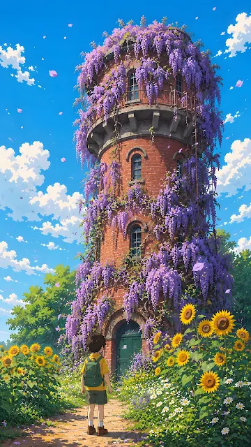 Anime digital illustration of a child looking at an old brick water tower covered in cascading purple wisteria flowers under a sunny sky.