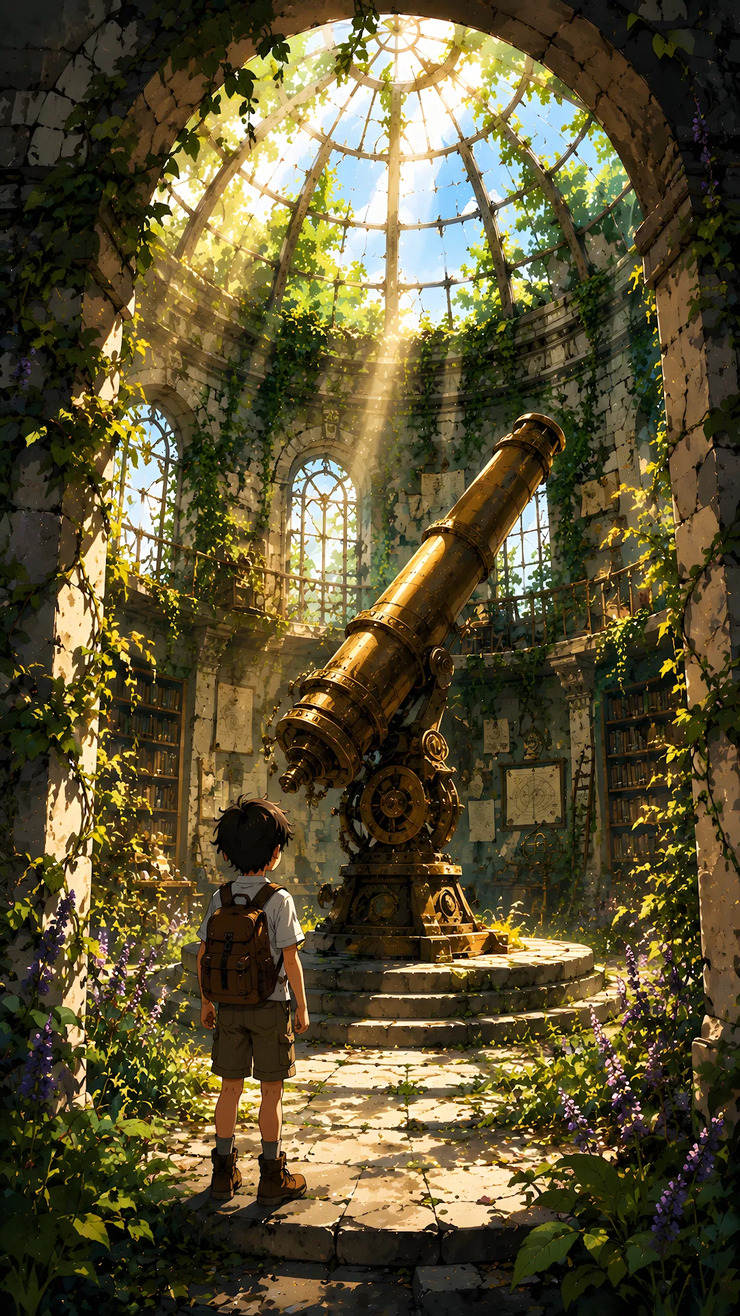 Anime style overgrown stone observatory with sunbeams on brass telescope - Free 4K mobile Wallpaper