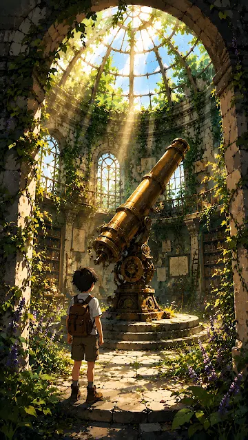 Digital illustration of a young girl standing inside a ruined dome observatory illuminated by dramatic sunbeams focusing on a large brass telescope.