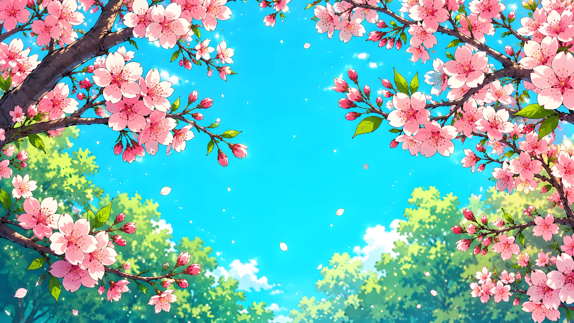 Anime style pink cherry blossom tree branches under bright blue sky - Free 4K desktop Wallpaper
