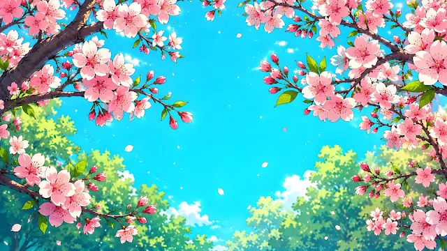 Vibrant anime art style illustration of blooming pink cherry blossom branches against a sunlit blue sky with leafy green bokeh.