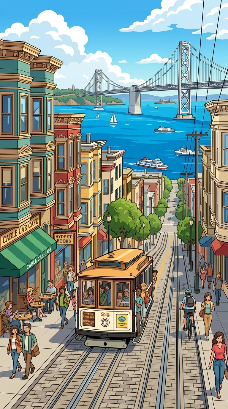 Anime Style San Francisco Street and Bay Bridge Illustration - Free 8K and 4K mobile Wallpaper Background