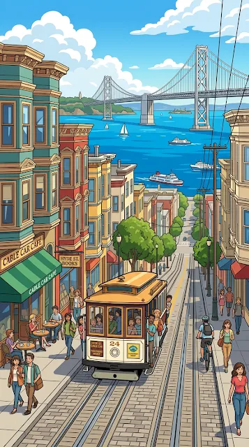 Anime Style San Francisco Street and Bay Bridge Illustration - Free 4K & 8K mobile Wallpaper