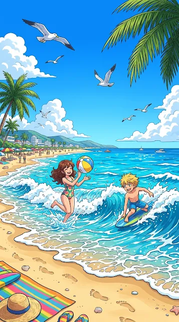 Anime Style Summer Beach with Golden Sand and Ocean Waves - Free 4K & 8K mobile Wallpaper