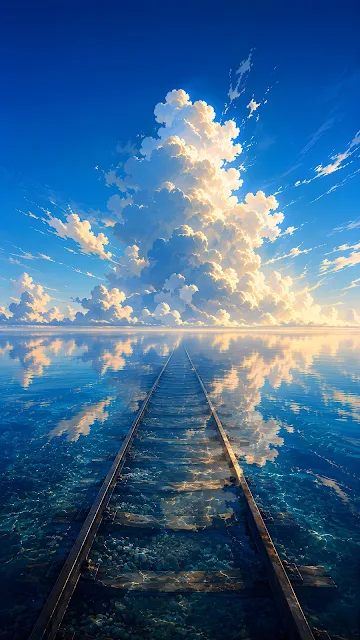 Submerged train tracks cutting through a calm, reflective blue ocean towards a horizon under towering fluffy anime clouds.