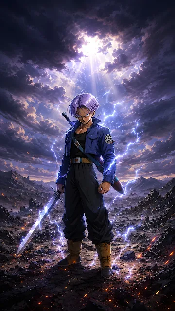 Full length figure of a purple haired anime warrior holding a broadsword amidst electric lightning in a stormy mountain landscape.