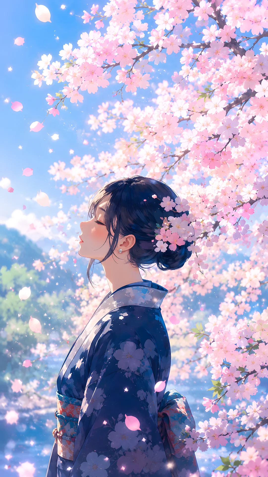 Anime-style woman in blue kimono under falling cherry blossoms in spring - Free 4K mobile Wallpaper