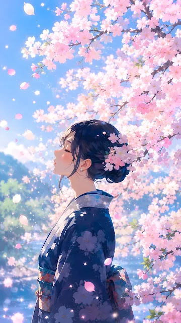 Side profile digital illustration of a serene young woman in a detailed dark blue floral kimono under blooming pink cherry blossom branches.