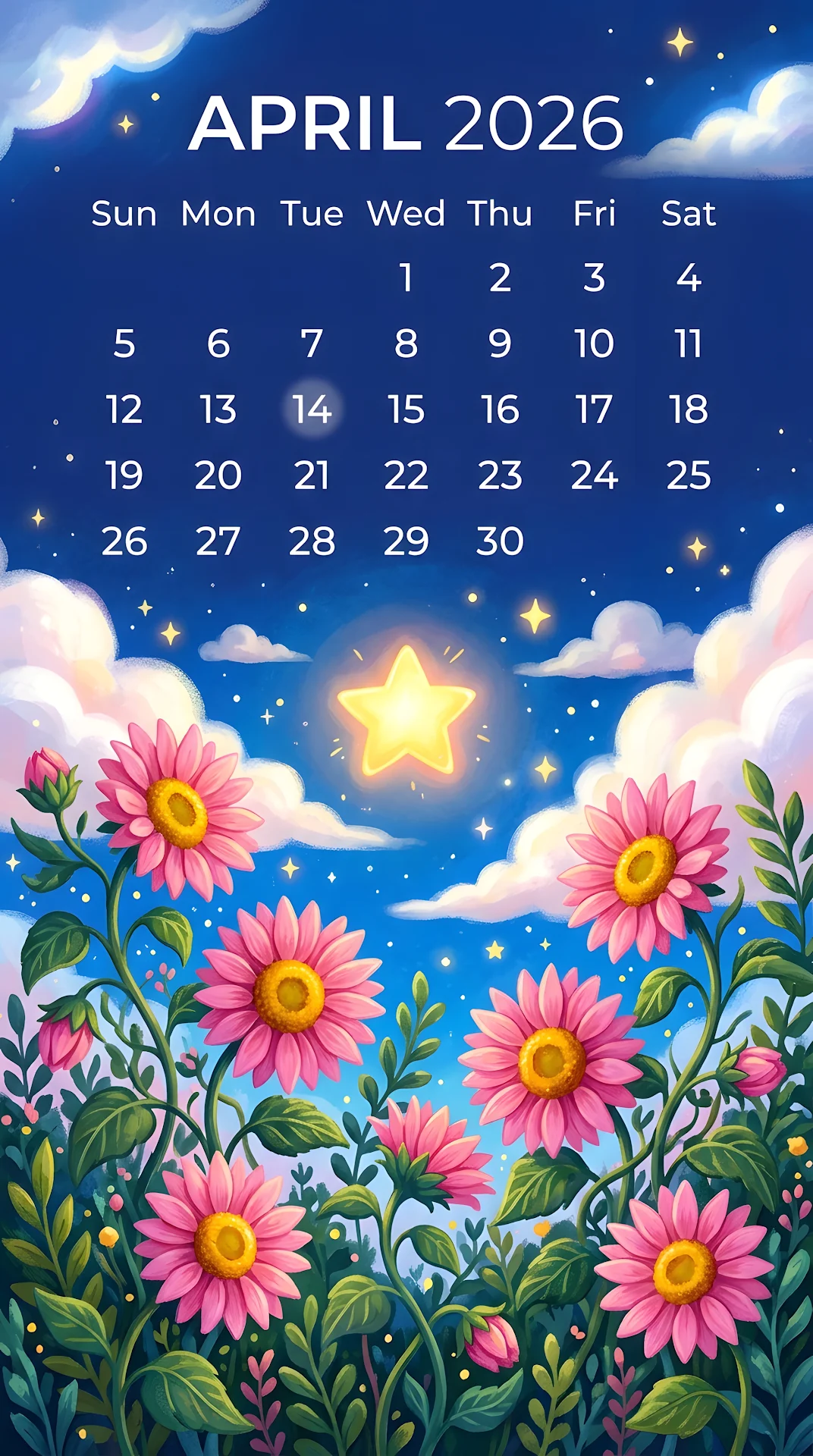 April 2026 Calendar with Pink Floral Illustration and Blue Sky Background - Free 4K mobile Wallpaper
