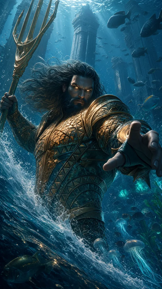 Aquaman holding a golden trident underwater surrounded by marine life, jellyfish, and submerged columns.