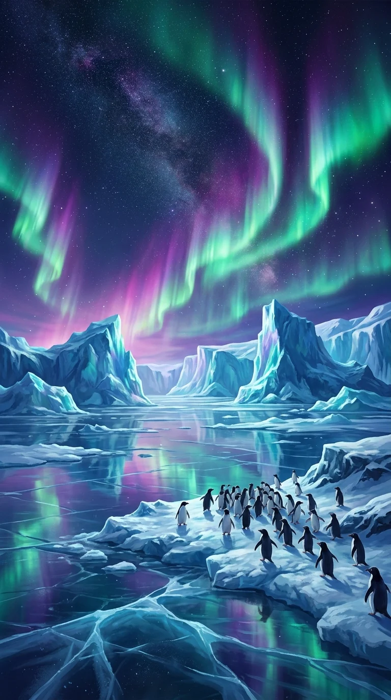 Arctic Landscape with Northern Lights Icebergs and Penguins - Free 8K and 4K mobile Wallpaper Background