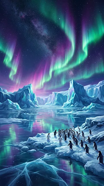 Arctic Landscape with Northern Lights Icebergs and Penguins - Free 4K & 8K mobile Wallpaper