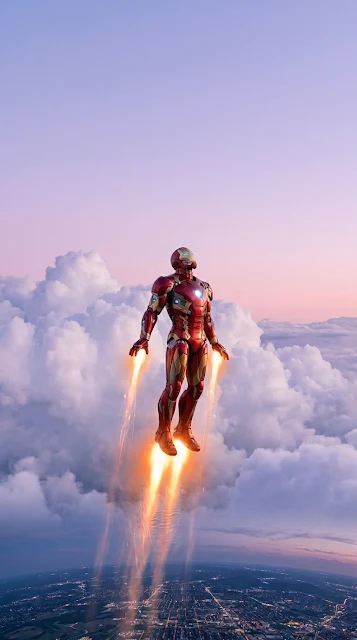 Armored Hero Soaring Above Soft Pink and Purple Sunset Clouds - Free 4K & 8K mobile Wallpaper