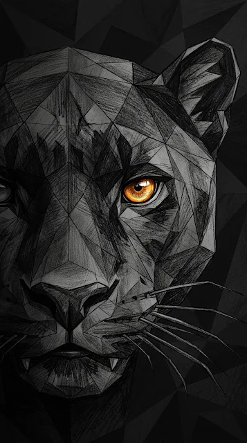 Artistic Closeup of Low-Poly Dark Panther Face with Glowing Amber Eye - Free 4K & 8K mobile Wallpaper