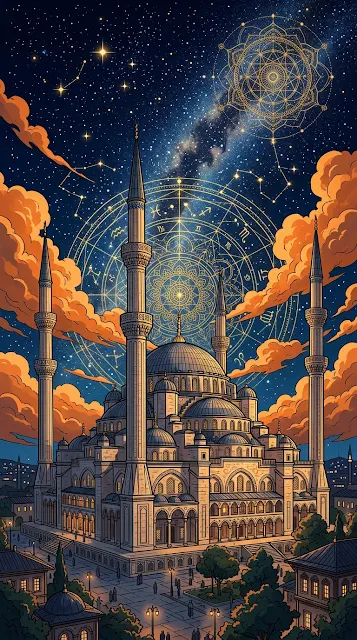 Artistic Istanbul Mosque Illustration with Orange Sunset Clouds - Free 4K & 8K mobile Wallpaper