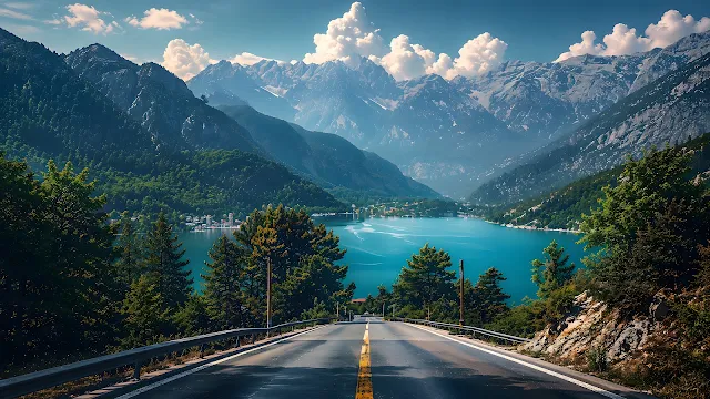 Straight asphalt highway leading toward a clear blue mountain lake surrounded by pine trees and towering peaks.