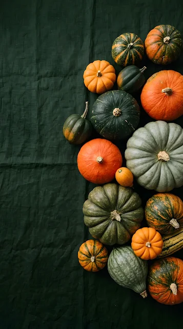 Assorted Colorful Pumpkins on Dark Green Textured Background - Free mobile Wallpaper