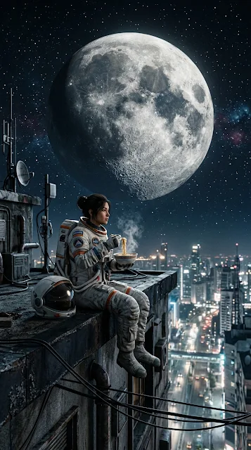 Astronaut Eating Noodles on Rooftop Under Giant Moon - Free 4K & 8K mobile Wallpaper