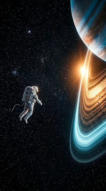 Astronaut Floating next to Giant Planetary Ring of Light - Free 4K & 8K mobile Wallpaper
