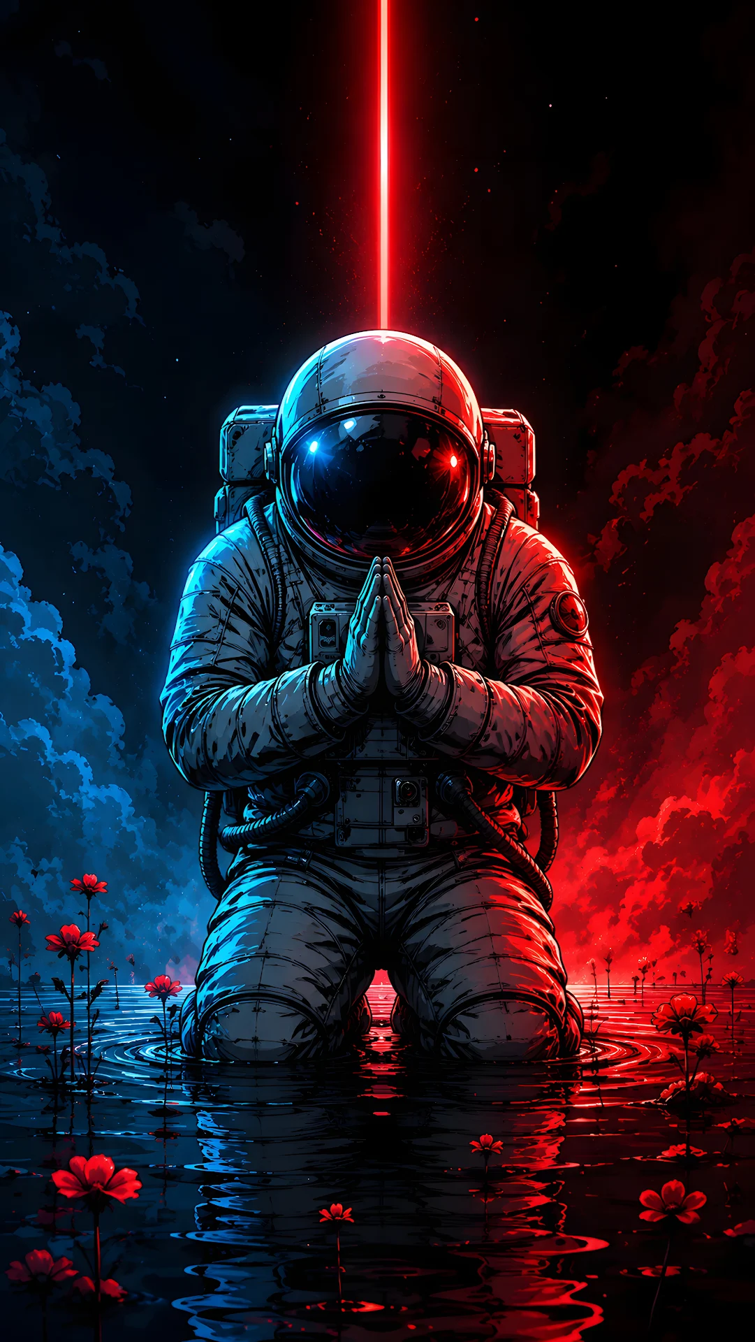 Astronaut praying in red water with floating flowers - Free 4K mobile Wallpaper