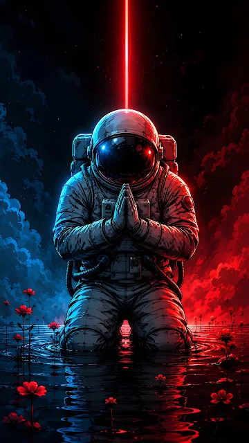 An astronaut in a spacesuit kneeling with hands pressed together in prayer, situated in glowing red liquid with small red flowers blooming around.