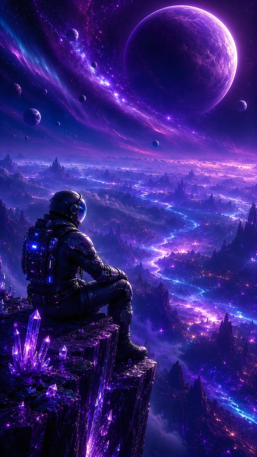 Astronaut Sitting on Cliff Edge Overlooking Glowing Alien Valley - Free 4K mobile Wallpaper