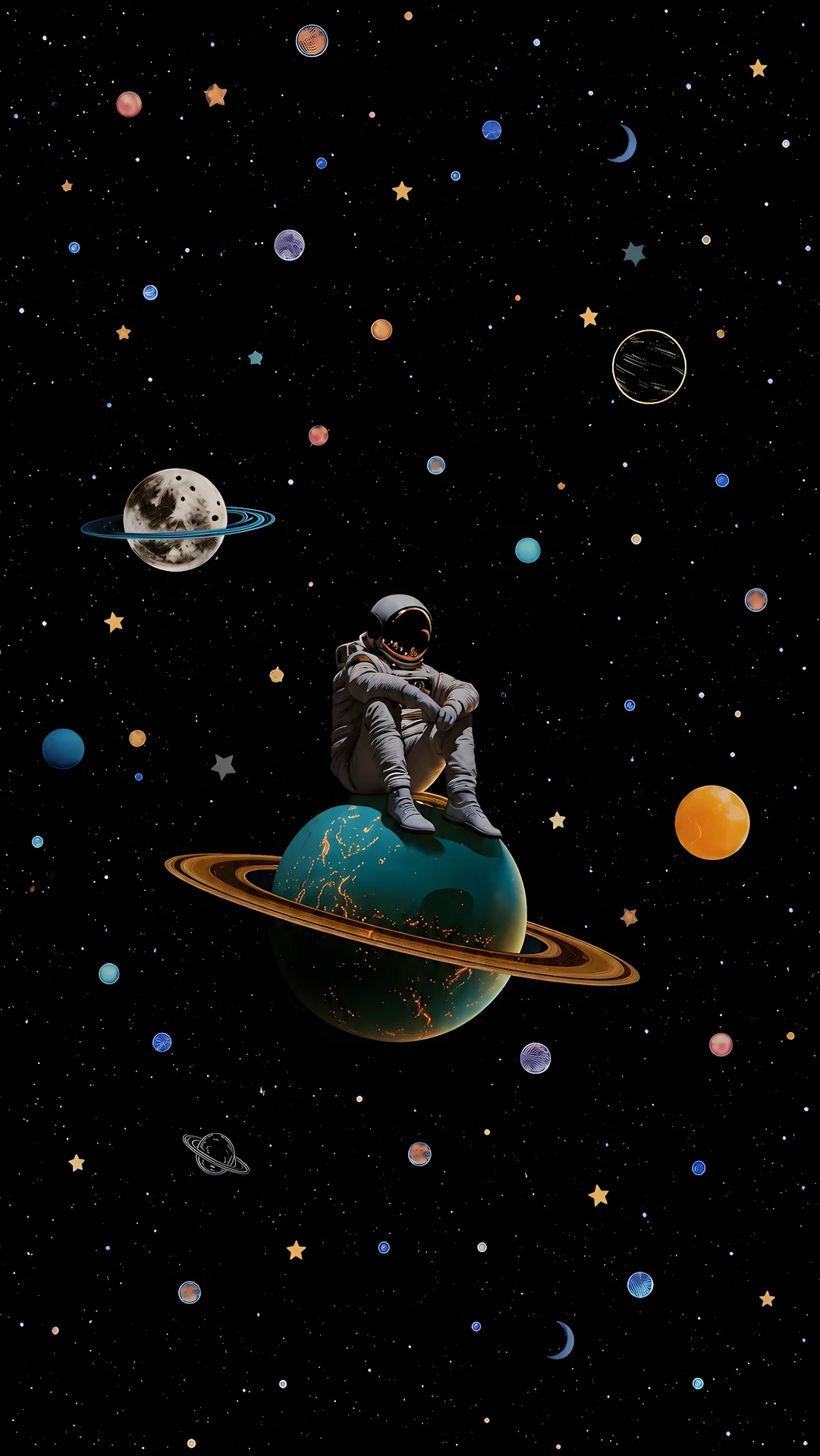 Astronaut sitting pensively on a ringed planet in outer space - Free 4K mobile Wallpaper