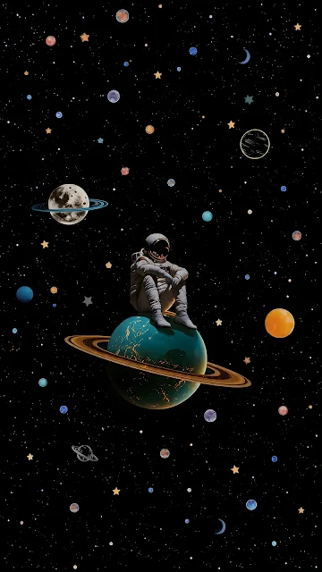 An astronaut sits thoughtfully on a green ringed planet surrounded by celestial bodies in dark space.